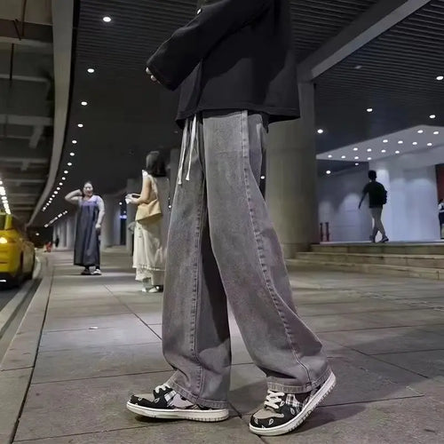 Korean Fashion Men's Baggy Jeans Elastic Waist Classic olid Color Straight-leg Denim Wide-leg Pants Male Light Blue Grey Black