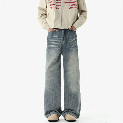 Men's Autumn Winter American Retro Jeans Elastic Straight Pants Fashionable Versatile Jeans Baggy High Quality Causal Denim Pats